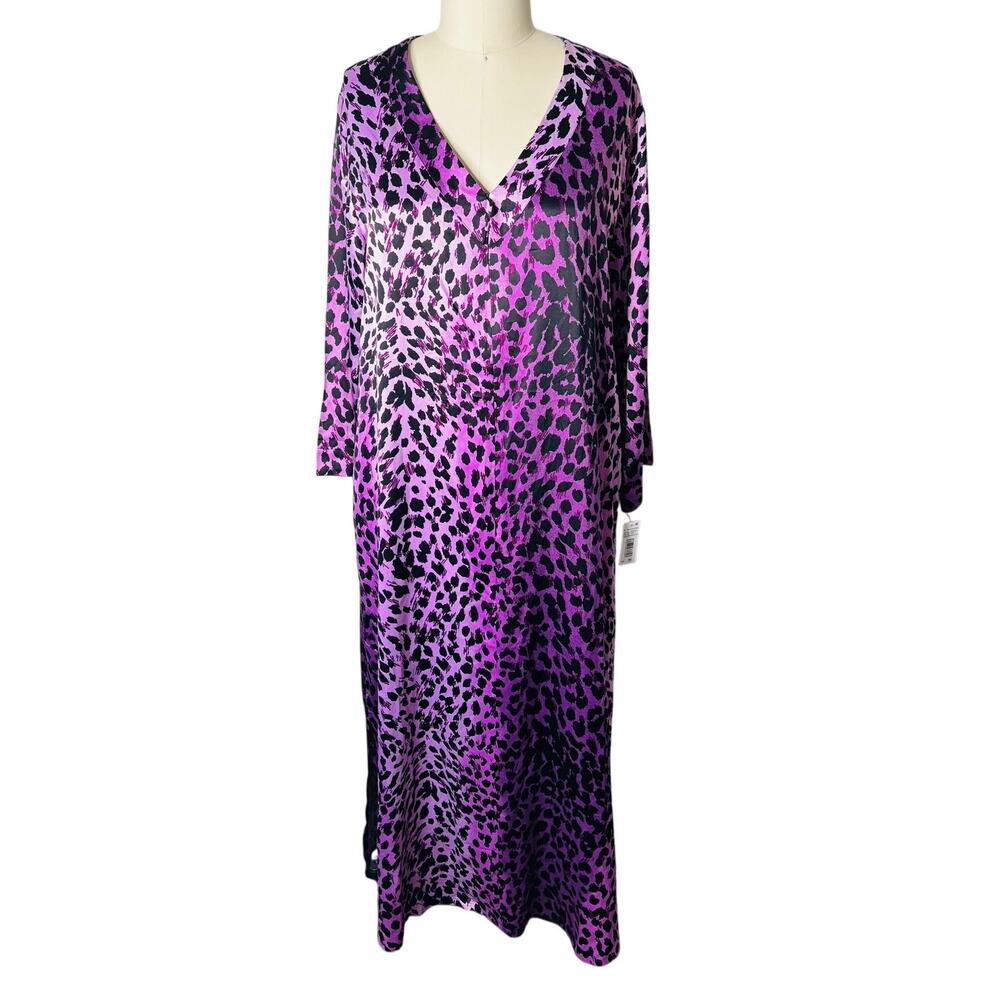N Natori Purple Cheetah Printed Matte Satin Zip Front Caftan Dress M NWT